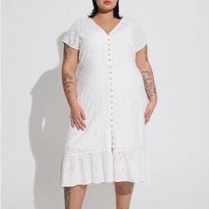 Torrid White Cloud Dancer Midi Eyelet Hi Low Button Front Shirt Dress 2X NWT